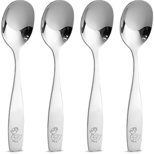 Zulay Kitchen 4-Piece Toddler Utensils - Child and Toddler Silverware Set for Self Feeding - Smooth Edged Kids Silverware Stainless Steel, Mirror Polished, Dishwasher Safe (4 Spoons)