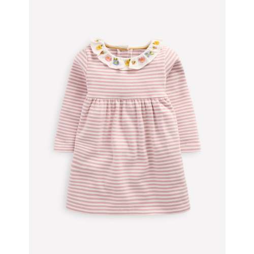 Embroidered Jersey Dress-Vintage Pink Soft Ivory Stripe