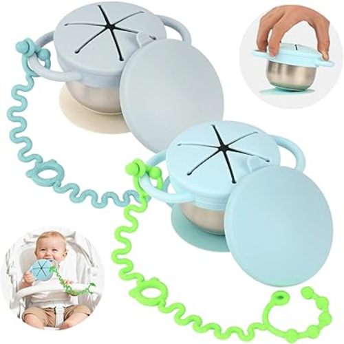 2 Pack Toddler Snack Cups — 5-in-1 Snack Cups for Toddlers Spill Proof with Suction Cup and Anti-Loss Rope, Detachable Stainless Steel Cups with Silicone Lids & Handles (Light Blue and Light Grey)