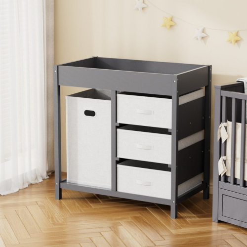 Ebern Designs 34.3“ H X 34" W Wooden Changing Table for Baby with Fabric Laundry Hamper and Drawers & Reviews | Wayfair