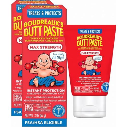 Boudreaux’s Butt Paste Max Strength Diaper Rash Cream for Baby, Ointment With Zinc Oxide, 2 oz Tube (Pack of 2)