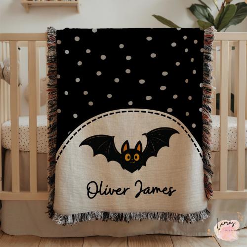 Personalized Bat Baby Blanket With Custom Name, Halloween Woven Throw, Cute Spooky Nursery Decor, Black Bat Baby Shower Gift For Newborn