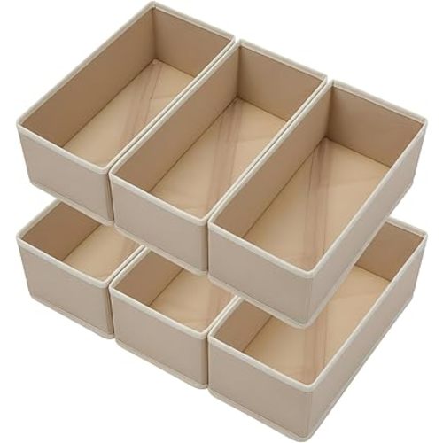 Bructhun Sock Drawer Organizer 6 Pack - Collapsible Fabric Storage Bins for Underwear Divider, Small Closet Organizers with 6 Compartments, Khaki