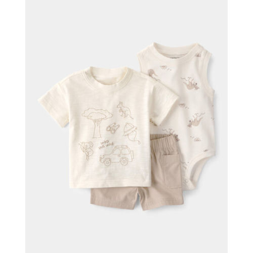 Baby Boy 3-Piece Into The Wild Top, Bodysuit & Short Set - Ivory/Brown | Carter's