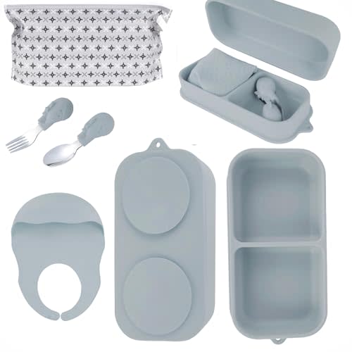 Travel Silicone Baby Feeding Set with 316 Stainless Steel Spoon & Fork,Silicone Suction Plates, Foldable Bib, Storage Bag - Portable Infant Toddler Utensils, 6-Piece BPA-Free Dishware Kit（gray）