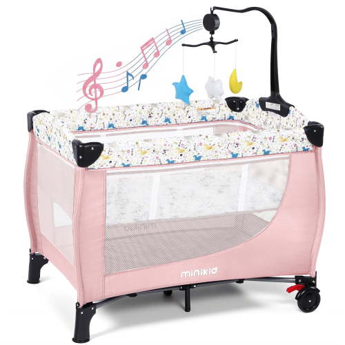 Minikid Baby Playard with Bassinet,Unisex Playpen Include Music Box and Hanging Toys,Portable Crib for Newborn to Toddlers,Pink