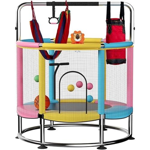55" Trampoline for Kids,Up to 440 Ibs Mini Trampoline with Anti-Rollover Round Bottom,Indoor & Outdoor Toddler Trampoline with Safety Enclosure,Adjustable Gymnastics Bars,Basketball Hoop