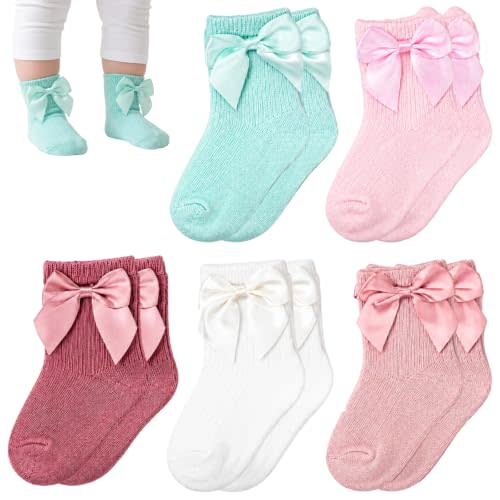 5 Pairs Newborn Socks Girl 0-6 Months, Soft Cotton Infant Socks with Bows for Daily Wear Under Footie Pajamas, Hospital Stays and Newborn Photography, Baby Shower Gifting