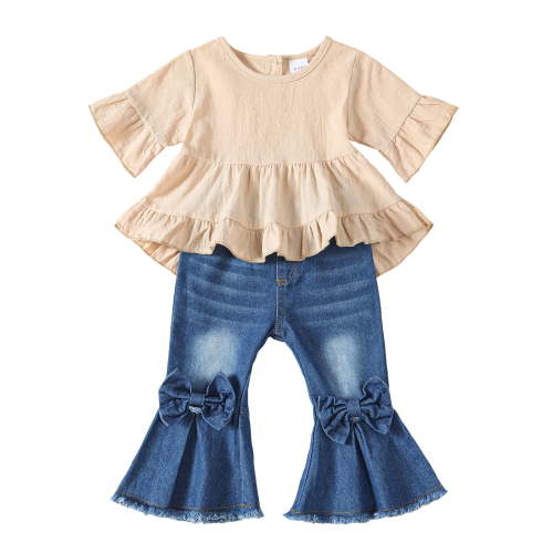 Toddler Baby Girls Clothes 12 Months Girls Outfits 18 Months Girls Short Sleeve Round Neckline Top Jeans Pants 2PCS Girls Clothing Set Apricot