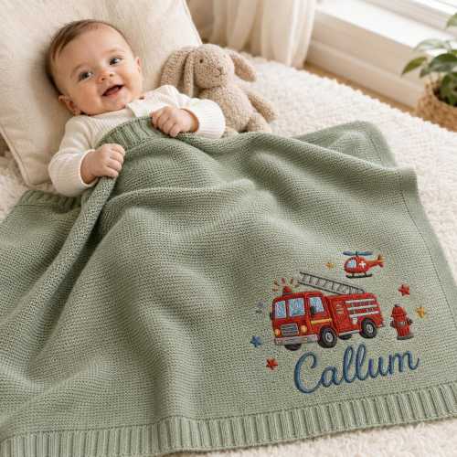 Personalized Fire Truck Baby Blanket with Name, Custom Embroidered Blanket for Boys, Newborn Keepsake, Soft Nursery Decor