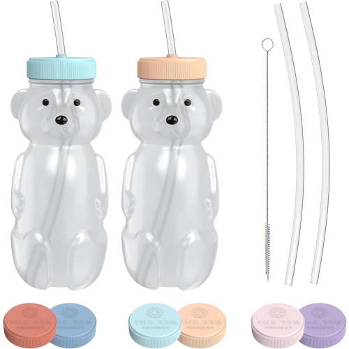 The 730 Project Honey Bear Straw Cup for Toddlers with Travel Lid - 8oz, Therapy Set Baby Bottle, Aqua & Peach, 2-Pack