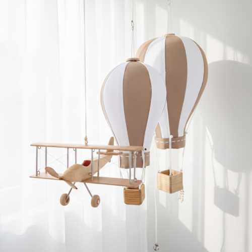 Fabric Hot Air Balloons & Wooden Airplane – Beige Nursery Decor Set