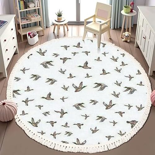 Round Rugs Mallard Duck Sketch Wild Bird Seamless Boho Area Rug Linen and Cotton Carpet Meditation Rug Washable Hallway Runner Mat Accent Rugs for Bedroom Nursery 6ft