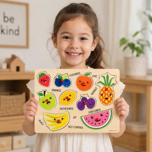 Wooden Fruit of the Spirit Peg Puzzle – Christian Learning Toy for Toddlers (Ages 1+)