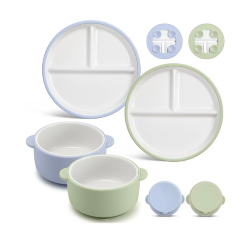 Domensi 4 Pcs Porcelain Kids Plates and Bowls Sets with Suction, 2 Ceramic Toddler Divided Plates 2 Baby Anti Slip Silicone Sleeve Bowls for Feeding Supplies Microwave Dishwasher Safe(Blue,Green)