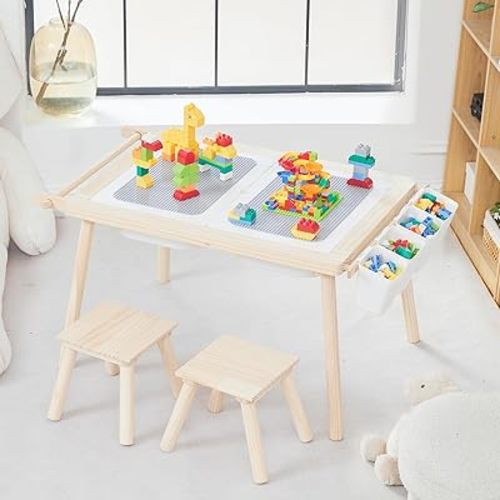 Kids Sensory Table and Chair Set, 5 in 1 Wooden Sand and Water Table for Building Blocks Study Dining Toys Storage, Gift for Boy and Girl