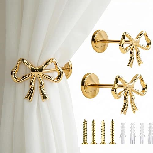2 Pcs Metal Bow Curtain Holdbacks Gold, Wall Mounted Bow Shaped Curtain Tiebacks, Heavy Duty Rust Resistant Curtain Hold Backs for Living Room Bedroom Office Home (4.02 × 2.95)