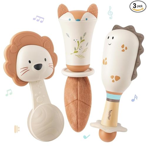 Baby Rattles - Teething Toys 3-6 Months, Baby Toys 0-6 Months, Sensory Toys for Newborn Babies, Rattles for Babies 0-6 Months, Neutral Color Baby Shower Gift (3PCS)