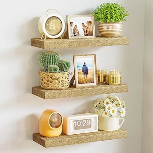 Alsonerbay Rattan Floating Shelves for Wall Set of 3, 15.7 Inch Wood Shelves Wall Mounted with Invisible Bracket for Bedroom Living Room Nursery and More