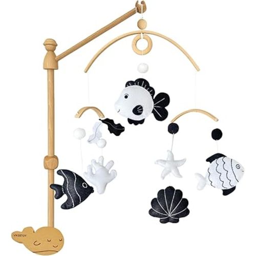 High-Contrast Black & White Fish Montessori Baby Mobile for Crib, Adjustable Wooden Arm Holder, Easy Clip-On Nursery Decor for Visual Stimulation & Gift