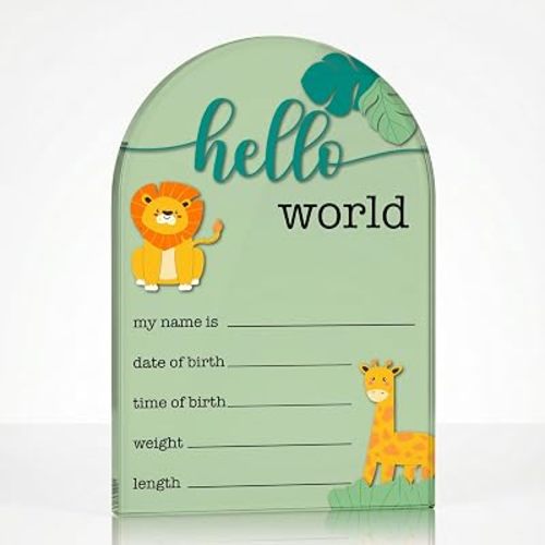 Hello World Newborn Sign, Woodland Baby Announcement Plaque, 3.94x5.9 inch Round Clear Acrylic Birth Announcement for Newborn Photoshoot, Welcome Baby Nursery Decor Keepsake - A07