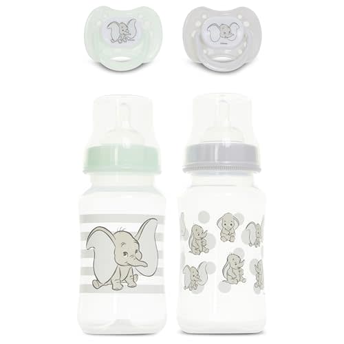 Disney Baby Bottles and Pacifiers Set – 2 Hourglass-Shaped 11oz Bottles + 2 Orthodontic Pacifiers – Officially Licensed Mickey, Minnie, Pooh & Dumbo Designs – BPA-Free Feeding Gift Set