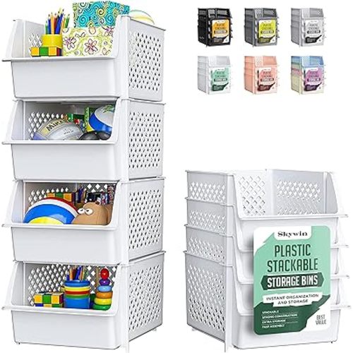 TidyFriend Stackable Storage Bins for Pantry, 4 Pack Stackable Bins For Organizing Food, Kitchen, and Bathroom Essentials (White)