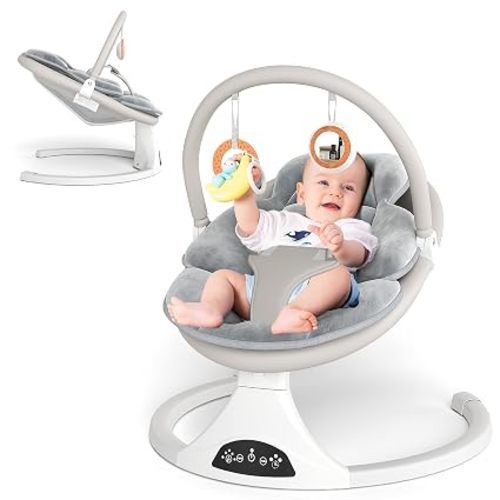 Electric Baby Swing with Remote Control,5 Speeds&Portable&Cozy(0-6M,Grey) | Safety lock&secure harness,12 melodies&Bluetooth,8/15/30min timer,lightweight indoor/outdoor,soft washable seat,easy assembly