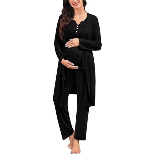 SWOMOG Maternity Nursing Pajamas Sets 3 PCS Women Postpartum Pajama Breastfeeding 3 in 1 Labor Delivery Button Pregnancy Pjs