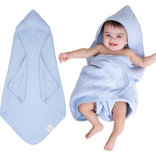 NINTARABABY Hands-Free Hooded Towel - 100% Organic Premium Muslin Cotton, 30" x 30", Ultra-Absorbent, Soft, Breathable, Hypoallergenic, Multipurpose, Gifts for Babies & Infants