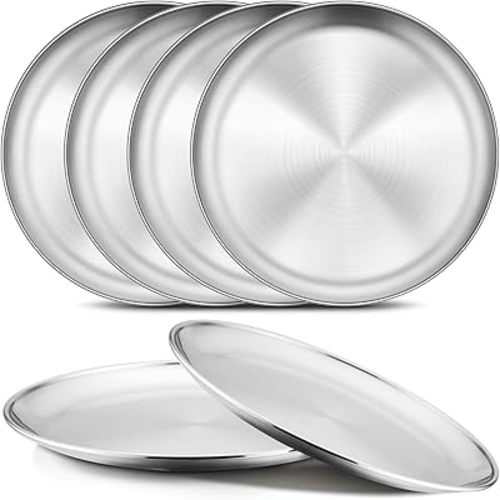 Onader 6-Piece 18/8 Stainless Steel Plates, 8 Inch 304 Metal Dinner Dishes for Kids Toddlers, Round Serving Plate, Dishwasher Safe