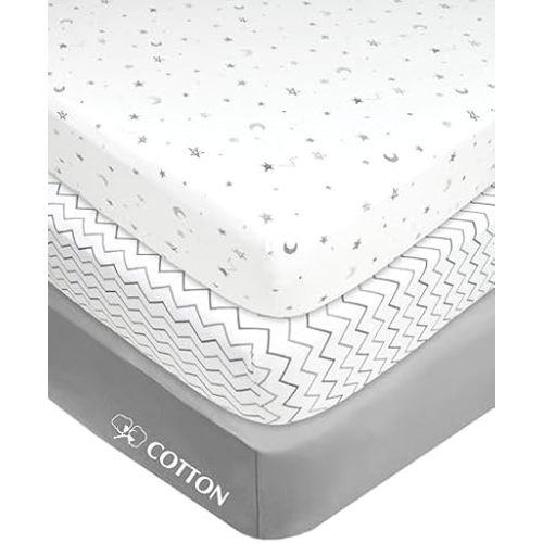 American Baby Company 3 Pack Fitted Mini Crib Sheet 38x24",Gray Star/Zigzag
