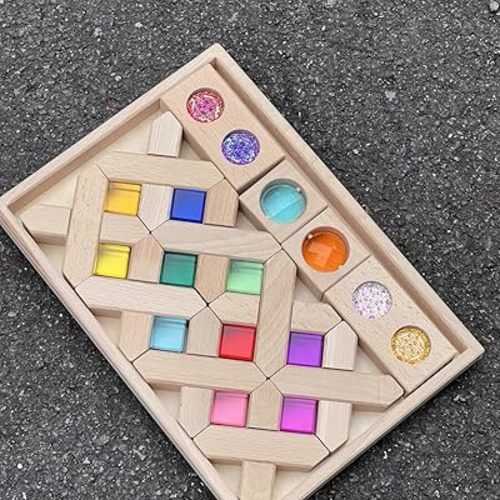 22PCS Wooden Cross Shape Blocks with Colorful Acrylic, Sparkling Square Monochrome Kaleidoscope Gem Educational Construction Toy for Toddlers (22PCS Fence Mixed)