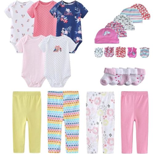 Newborn Layette Gift Set Bodysuits Pants for Baby Girl and Boy 24 Piece 100% Cotton Essentials and Accessories