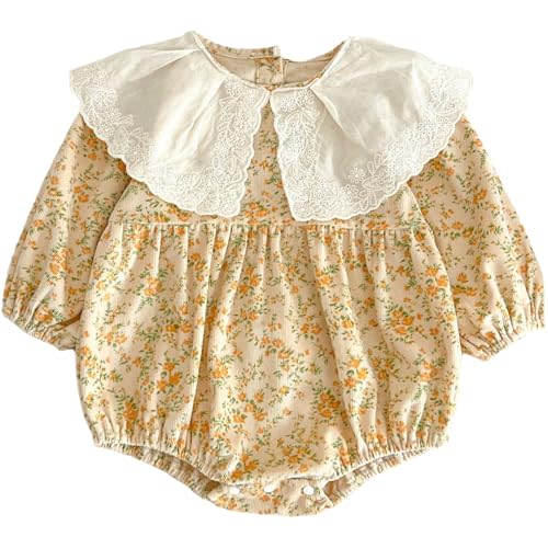 Cantuccistudio Baby Girl Long Sleeve Floral Bodysuit with Peter Pan Lace Collar - Ideal for 3M - 24M