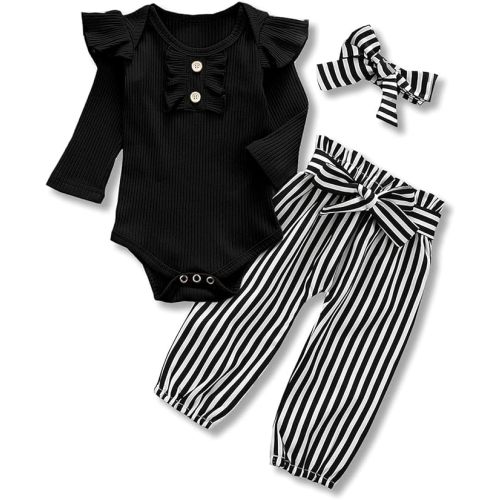 Baby Girls Clothes Newborn Ribbed Ruffled Romper Floral Bell Bottom Flare Pants Headband Infant 3 PCS Outfit Set