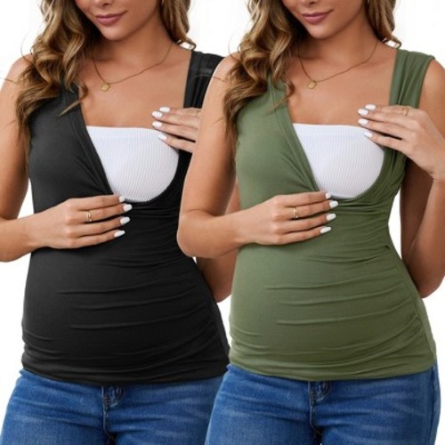 INSPIRE CHIC Women's 2 Pcs Crossover Ruched Maternity Sleeveless Basic Shirt Tank Nursing Tops Large Black&Green
