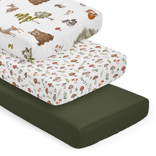 Sweet Jojo Designs 3-Piece Baby Crib Sheets Set (Woodland Forest Animals) for Girls/Boys, Infant Nursery, Toddler Room - Fitted, Standard Size (Solid Green, Toadstool Mushrooms & Animal Friends, Bear)