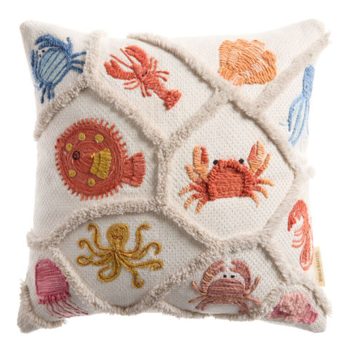 Ivory Sealife Tufted Embroidered Indoor Outdoor Throw Pillow