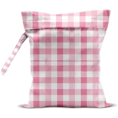 Wet Bag, Wet Dry Bag, Waterproof Swim Bags, Machine Washable Reusable Bags for Beach, Pool, Diapers, and Dirty Yoga Gym Clothes(Pink White Gingham)