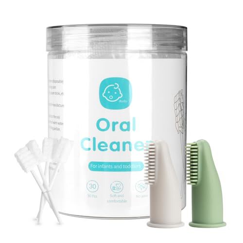 Baby Tongue Cleaner Toothbrush 30Pcs Disposable Infant Tooth Brush Clean Baby Mouth with 2Pcs Finger Toothbrush Oral Cleaning Stick Gauze Cleaner Stick Dental (Green, 32 Piece Assortment)