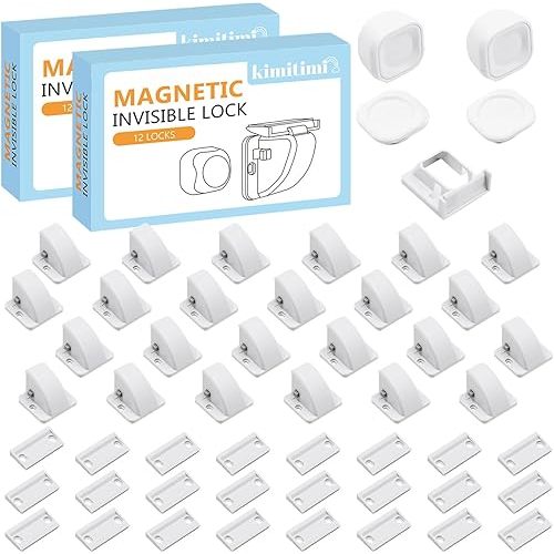 24 Pack Magnetic Cabinet Locks Baby Proofing - Child Safety Cabinet Latch Locks with Adhesive, No Drill or Tools Installation, for Cabinets Drawers Doors