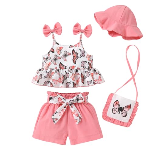 Happy Town Toddler Baby Girl Clothes Summer Outfits Cute Ruffle Sleeveless Tank Tops Shorts Set with Hat and Bag