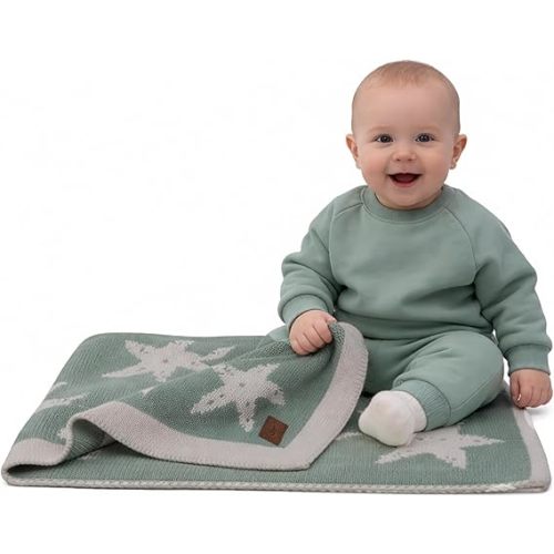 Baby Blanket 30x40 in – Soft, Reversible Acrylic Knit Blanket with Bow – Oeko-TEX Certified –Starfish Green