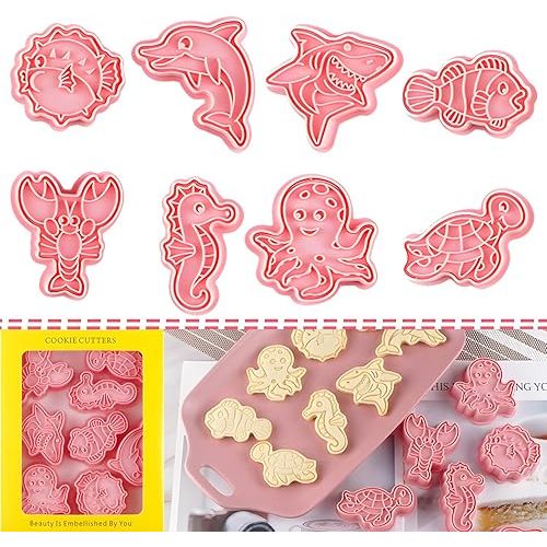 BESEK Ocean Creatures Cookie Cutters: 8 pcs Fish Cookie Cutter Molds for Baking, Dolphin, Clownfish, Octopus, Seahorse, Shark Shaped Biscuit Cutters