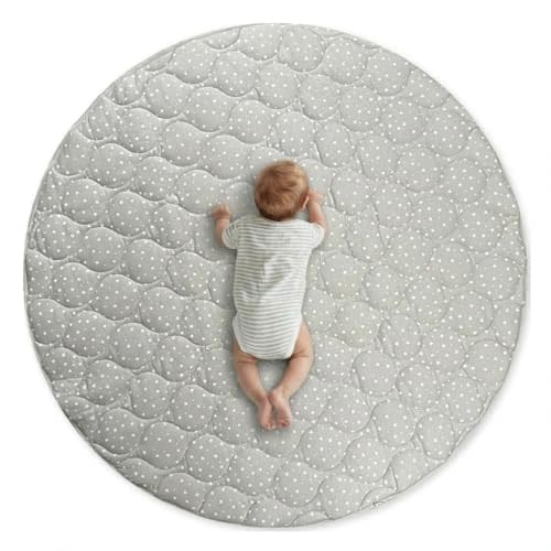 Round Baby Play Mat, Reversible Quilted Organic Cotton, Soft Circle Nursery Rug, Non Toxic, Foldable Portable, 40 Inch, Gray Stars/Solid Gray