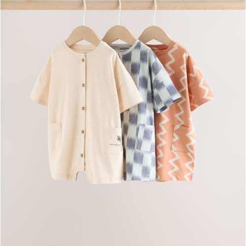 Buy Neutral Sunbaked Printed Button Through Jersey Baby Rompers 3 Pack from Next USA