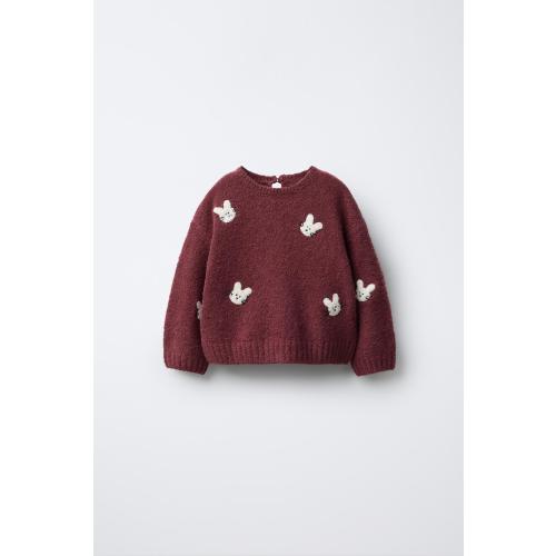 EMBROIDERED BUNNY KNIT SWEATER - Raspberry