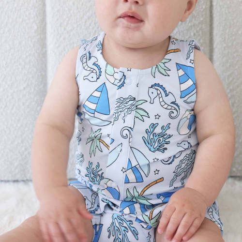 Sleeveless Snap Romper | Tiny Tides Blue