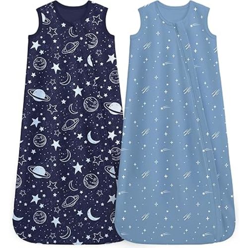 Unnivoll Baby Sleep Sack 6-12 Months 0.5 Tog Baby Wearable Blanket 100% Cotton Sleeping Sack with 2-Way Zipper for Newborn Infant Dark Blue Planet